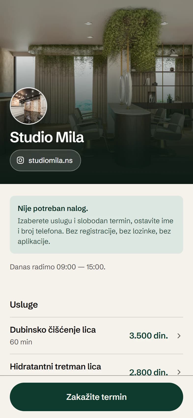 Javna stranica salona Studio Mila sa spiskom usluga i cenama
