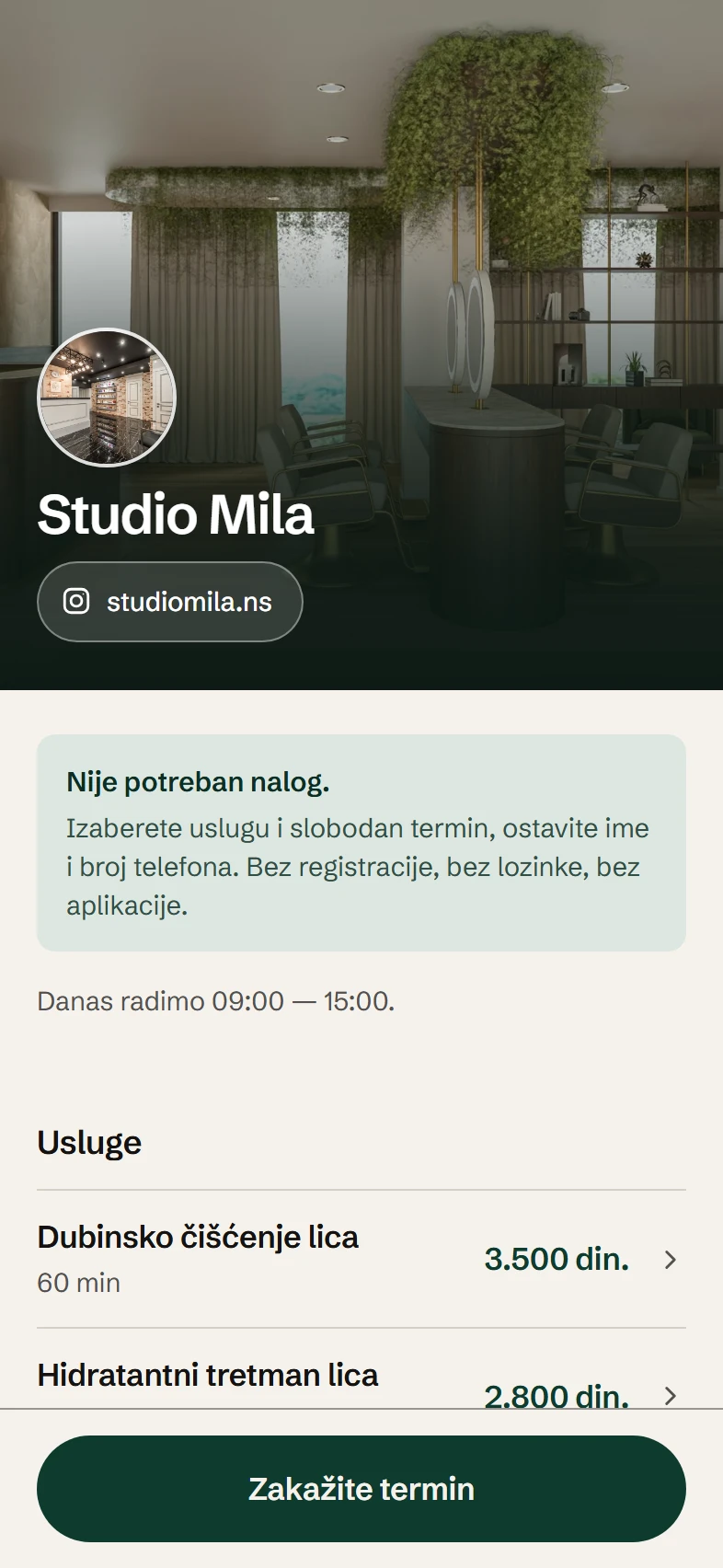 Ekran aplikacije Slobodno: javna stranica salona sa uslugama i cenama.