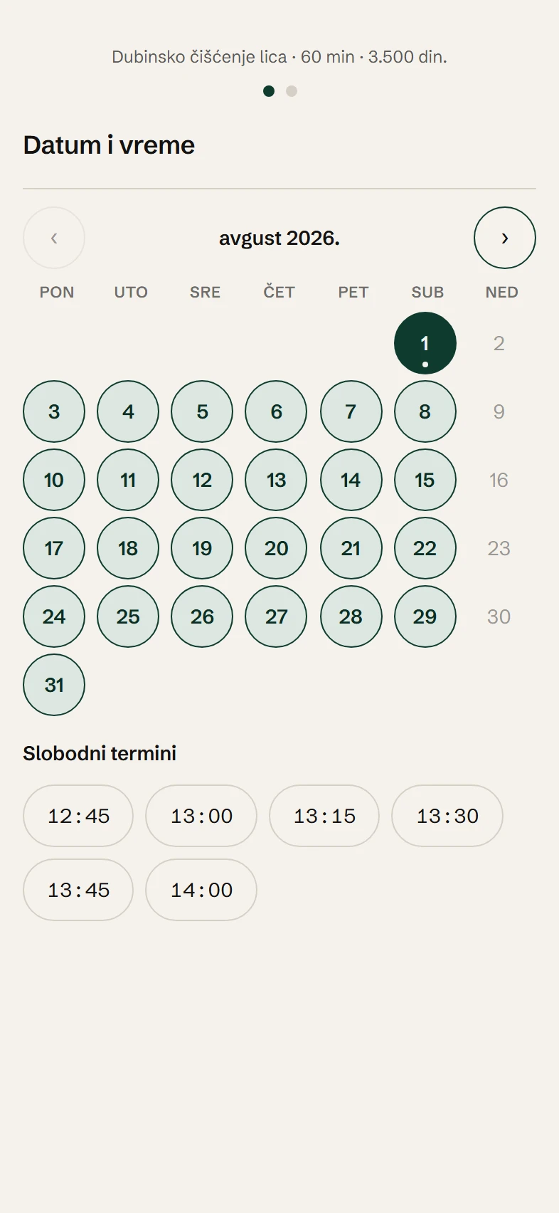 Ekran aplikacije Slobodno: klijent bira datum i slobodan termin za uslugu.