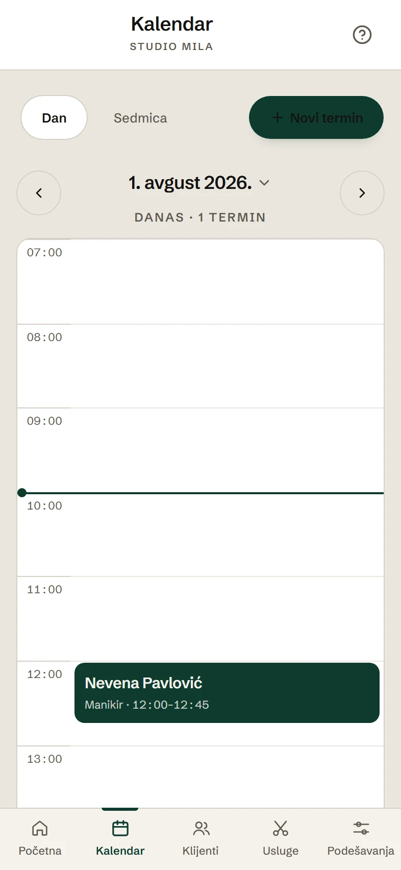 Ekran aplikacije Slobodno: dnevni kalendar sa zakazanim terminom u 09:00.